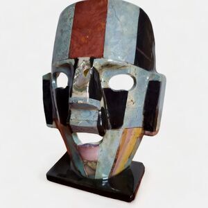 Aztec Mayan Onyx Abalone Semi Precious Stone Mosaic Burial Face Mask 6" Statue